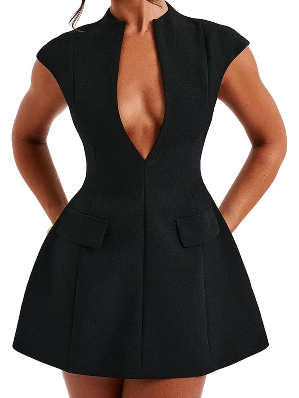 Women's Black Deep V Fit & Flare Mini Dress